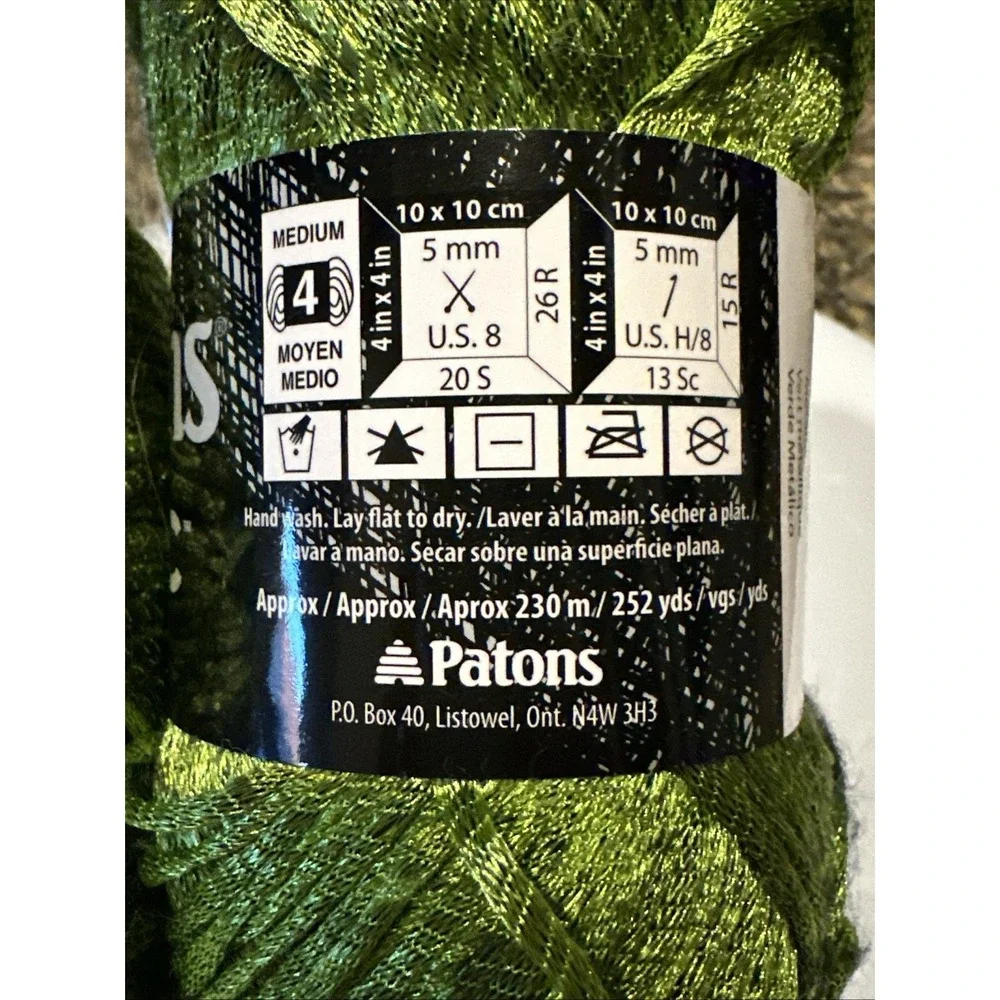 2 Skeins Patons Metallic Green Yarn (Discontinued) 95244